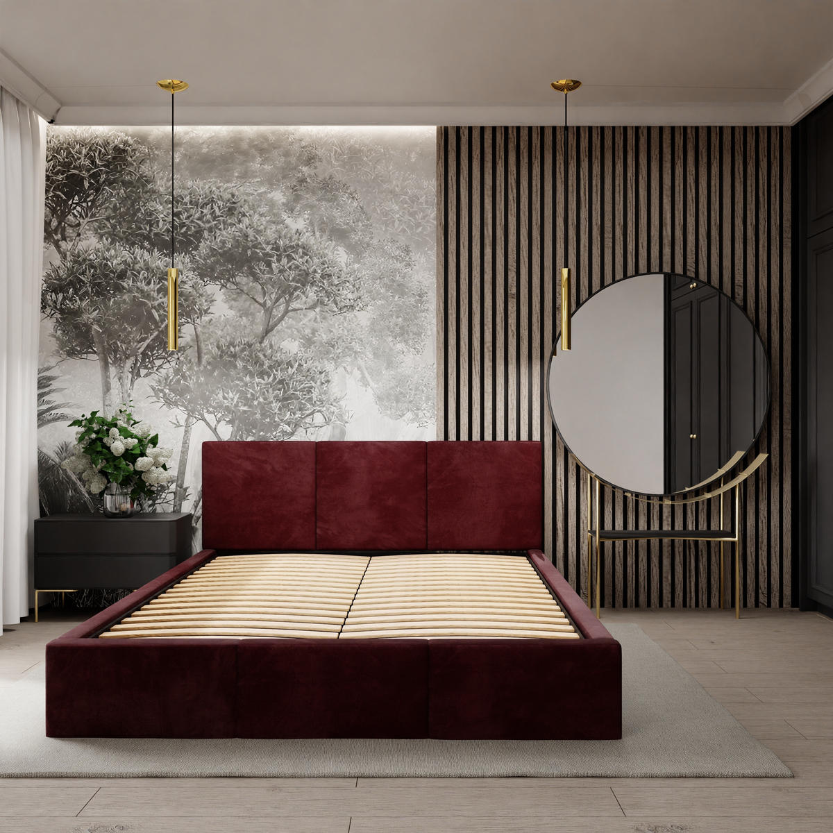 POLSTERBETT mit Stauraum Weinrot 120x200cm Kopfteil 88cm - Weinrot, Holzwerkstoff/Textil (120/200cm) - Muralo