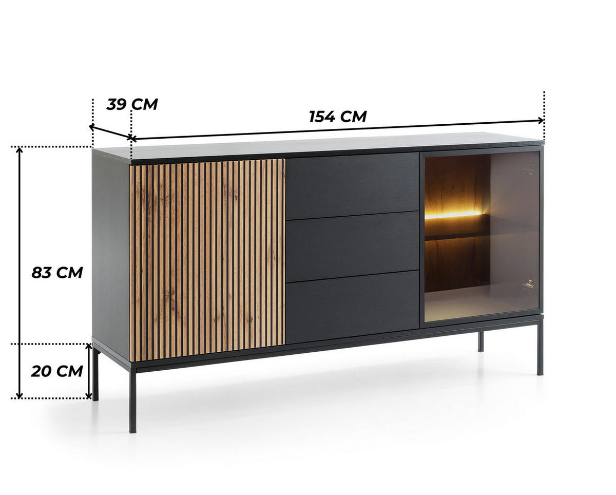 MODERNE Geriffelte Kommode LAGOS K2D3SZ (Schwarz, Eiche Wotan, LED, Metallfüße, Push to Open) - Eiche Wotan/Schwarz, Glas/Holz (154/83/39cm) - Ravio