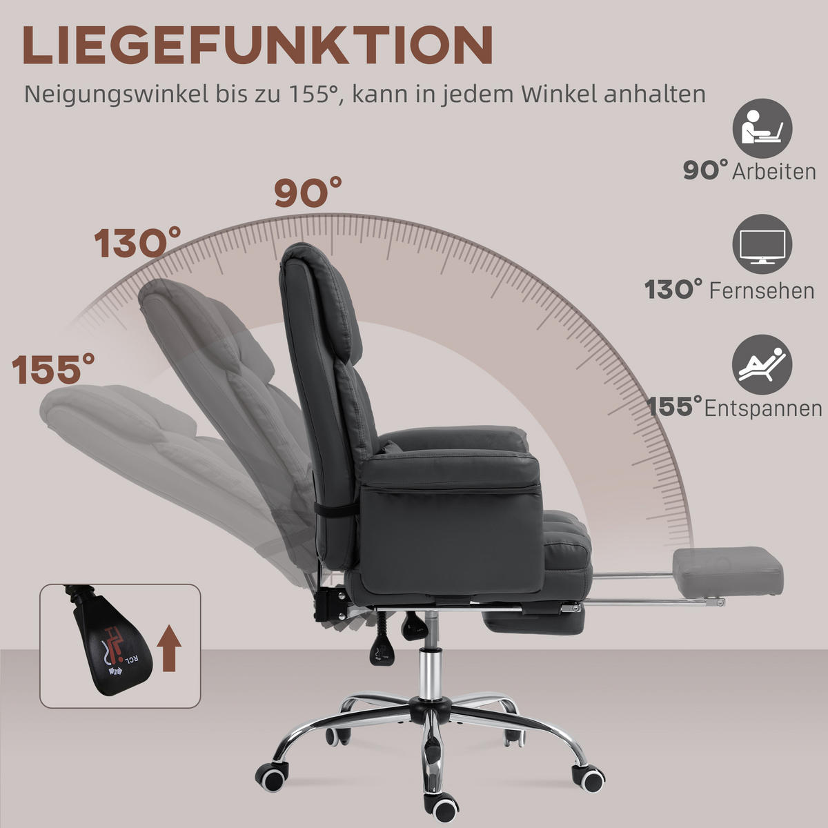 BÜROSTUHL, Ergonomisch Schreibtischstuhl mit Liegefunktion, Lendenkissen Schwarz - Chromfarben/Schwarz, Kunststoff/Metall (65/115/69cm) - HOMCOM