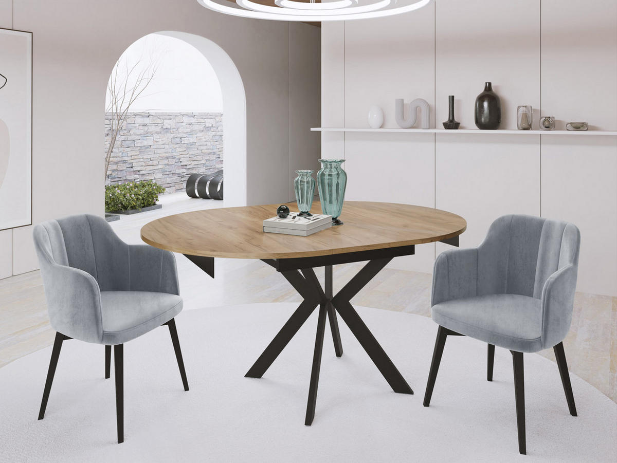 ESSTISCH Lily runder ausziehbarer, Craft Eiche 100-140/100/76 cm - Eiche Wotan/Schwarz, Holzwerkstoff/Metall (100/100/76cm) - WFL GROUP