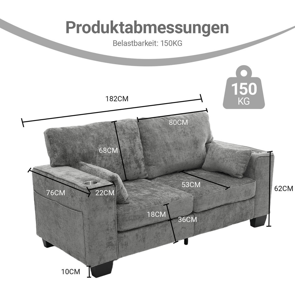 2-SITZER-SOFA 182 cm Chenille mit Getränkehaltern, DE-42913, Dunkelgrau - Dunkelgrau, Holz (182/96/79cm) - ComfortXL