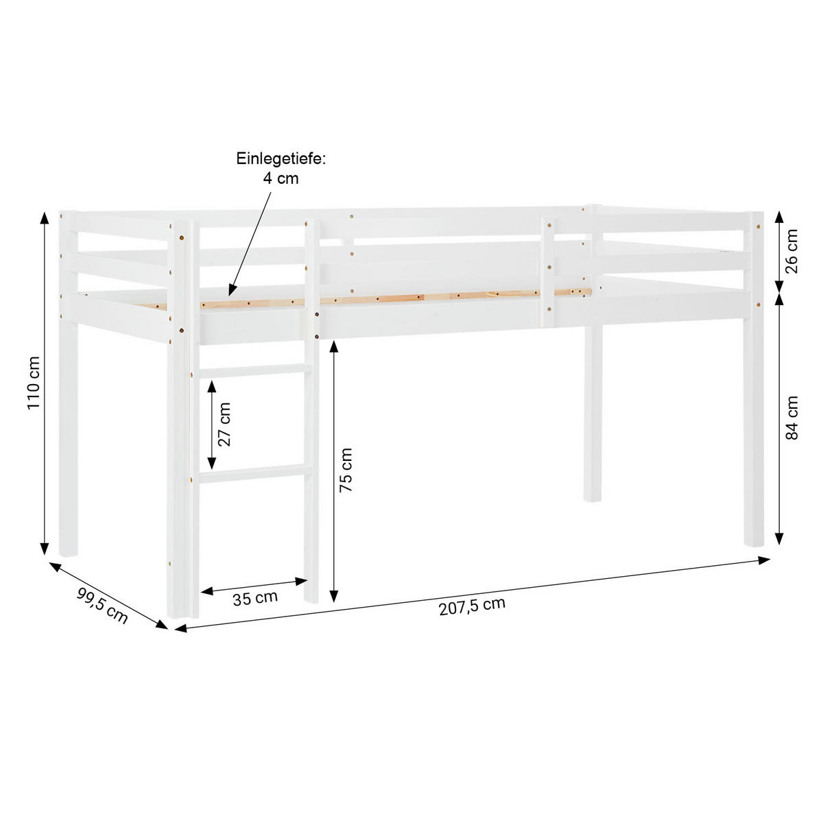 HOCHBETT 90/200 cm in weiß mit Bettvorhang + Tunnel in Mint - Weiß/Mintgrün, Holz - Homestyle4u