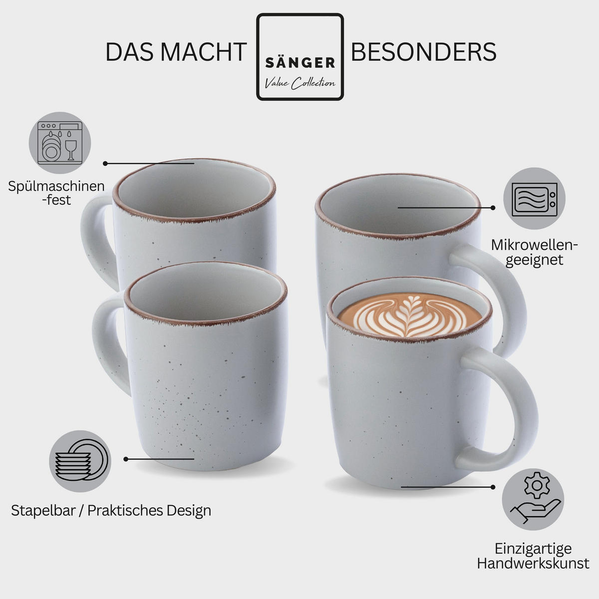 KAFFEEBECHER BOMBAY STONE - 4 teilig aus Steingut - Grau, Stein (0.8L) - Sänger