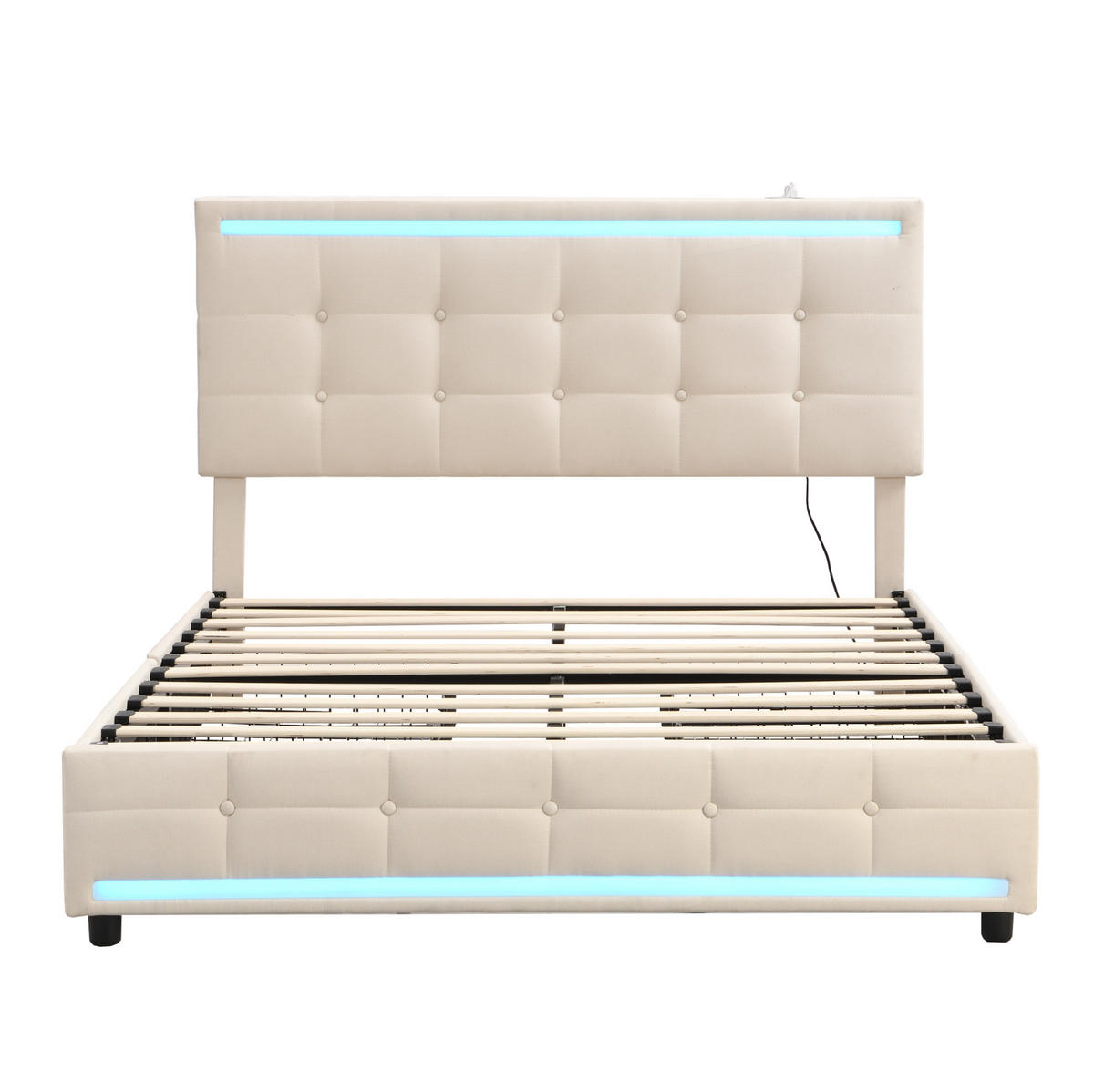 POLSTERBETT 140/200 cm Beige LED-Bett mit 4 Schubladen und USB-Anschluss - Beige, Textil (140/200cm) - OKWISH