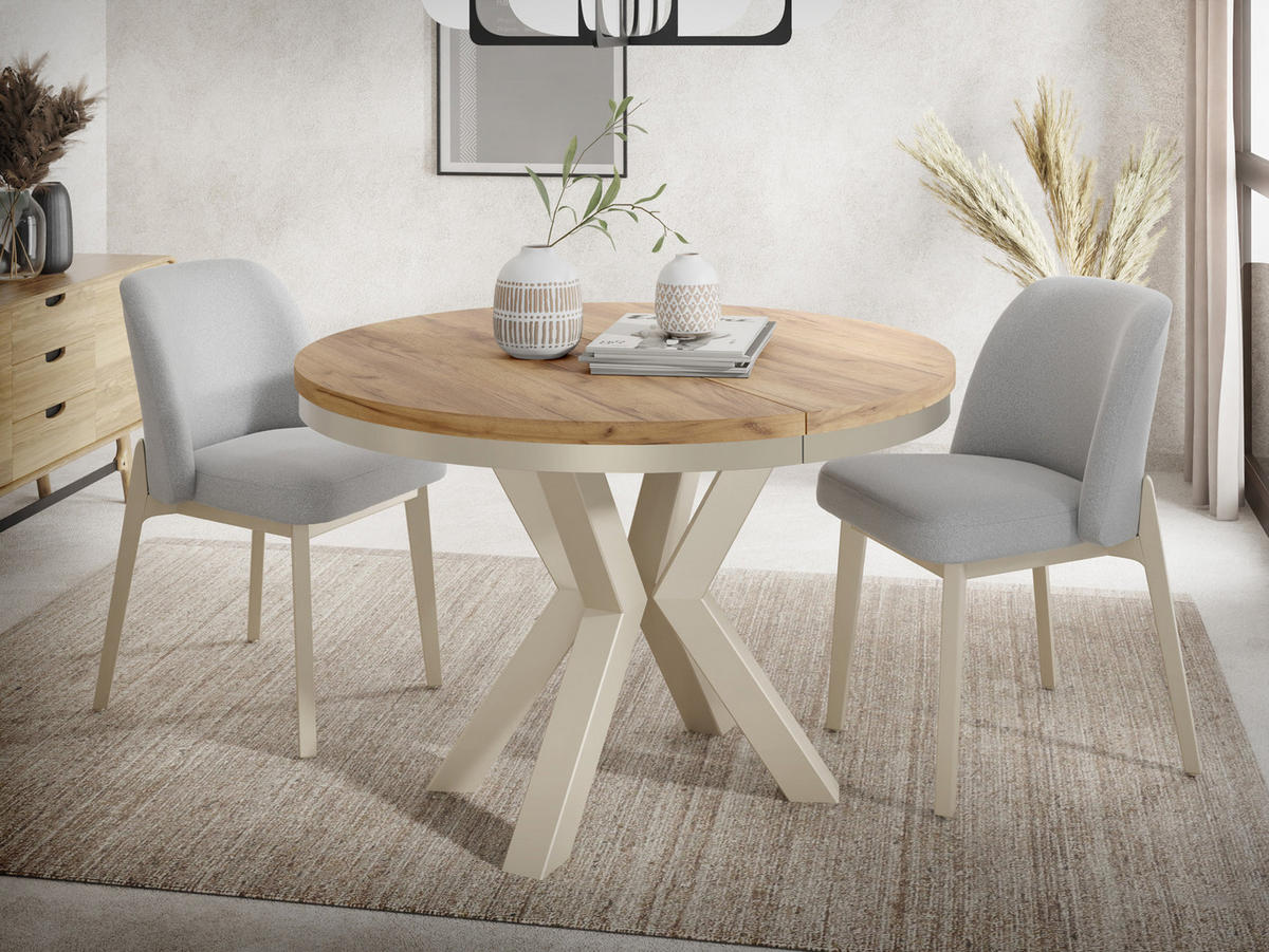 ESSTISCH Clara Beige Cashmere runder ausziehbarer, Craft Eiche 100-180/100/76 cm - Kaschmir/Eiche Wotan, Holzwerkstoff/Metall (100/100/76cm) - WFL GROUP