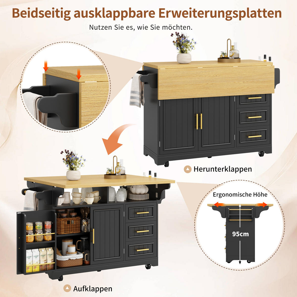 KÜCHENINSEL DE-38361 120/197 cm ausklappbar mit 3 Schubladen Schwarz - Schwarz, Holzwerkstoff (120/95/40cm) - ComfortXL