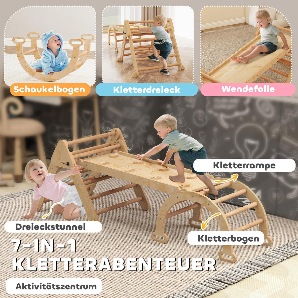 KLETTERGERÜST 7-in-1 DE-09861 Holz - Naturfarben, Holz (70/59/188cm) - ComfortXL