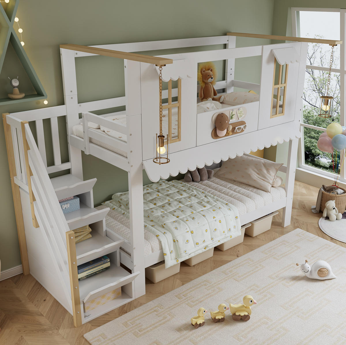 ETAGENBETT Kinderbett 90/200 cm, Weiß/Natur mit Aufbewahrungstreppe - Weiß, Holz (90/200cm) - MIVRAY