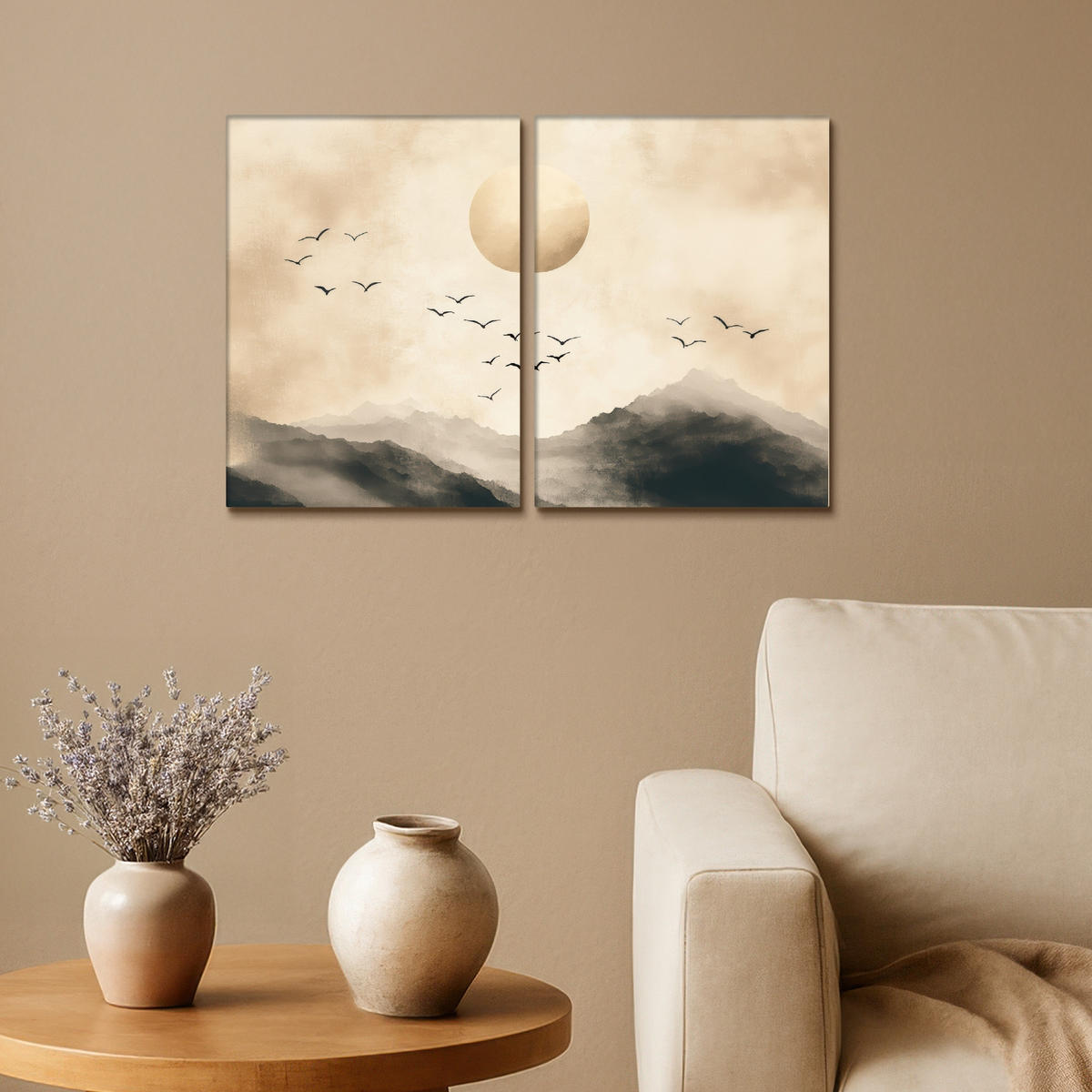 LEINWANDBILD 2er Set Landschaft - Japandi - Beige - Vögel 60x40 cm - Beige, Textil (60/40cm) - MuchoWow