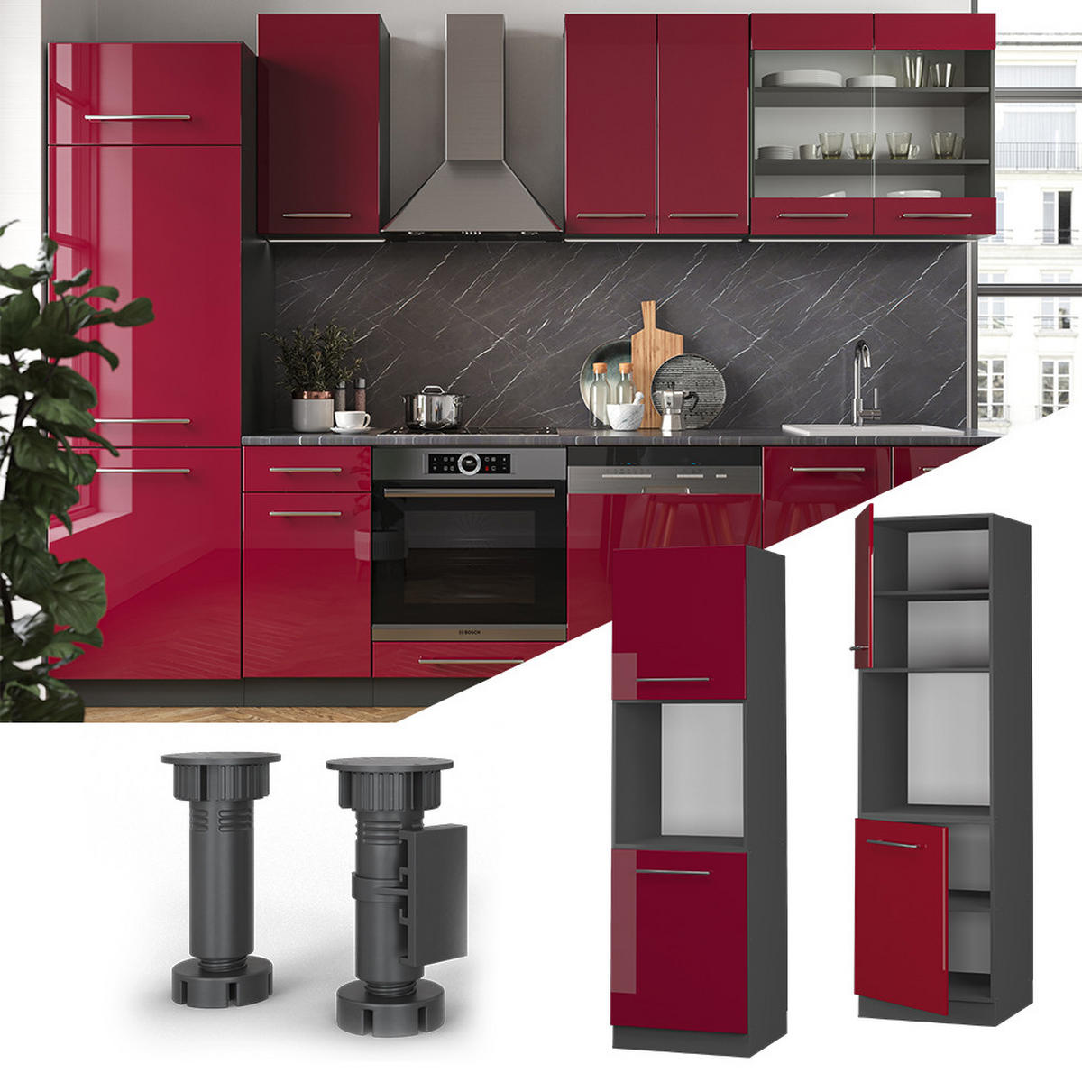 HERDUMBAUSCHRANK Fame-Line Bordeaux Hochglanz 60 cm offen - Bordeaux/Anthrazit, Holzwerkstoff (60/206.8/58cm) - Vicco