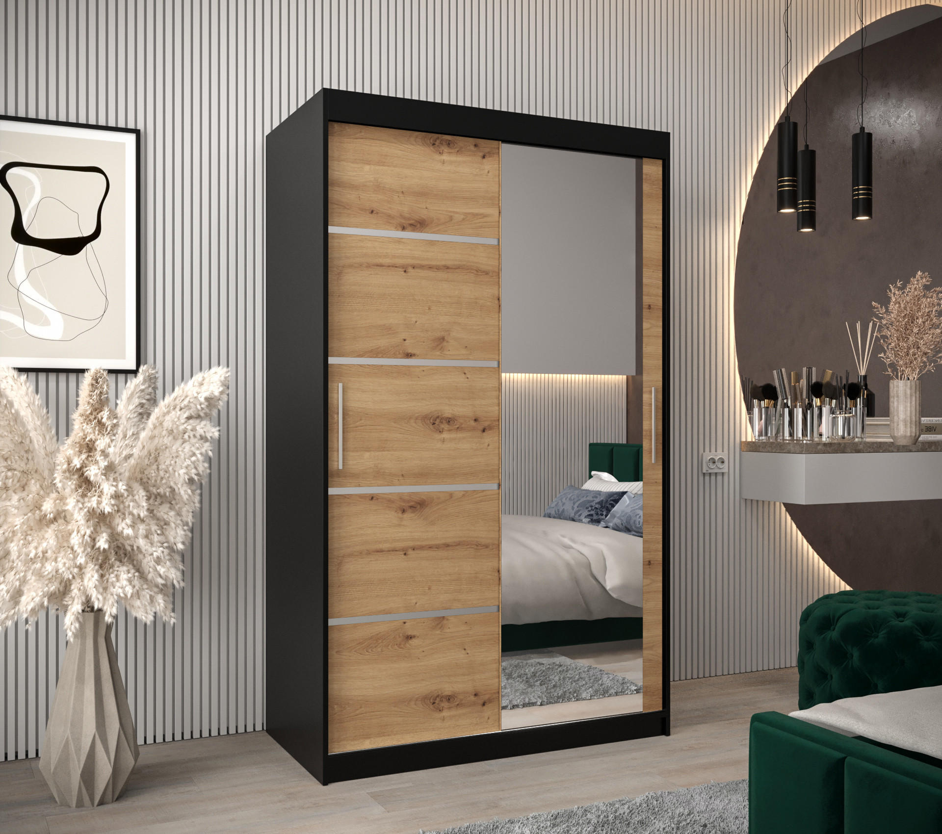 SCHWEBETÜRENSCHRANK 200/120/62 2-türig - Silberfarben/Schwarz, Holz/Kunststoff (120/200/62cm) - MÖBEL KRYSPOL