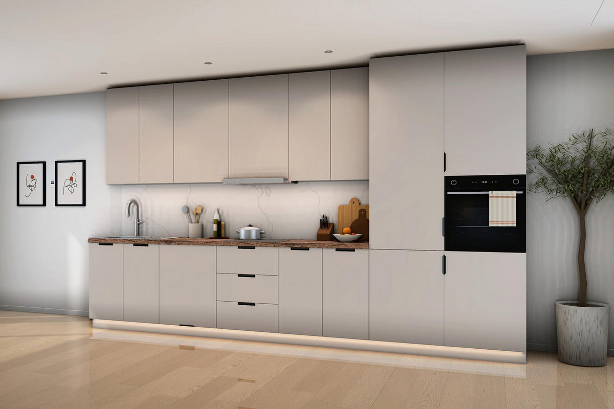 KÜCHENZEILE Sorento Weiß & Beige – 400 cm – K58-G400 R - Beige/Schwarz, Holzwerkstoff/Metall (400/247/58cm) - ROYAL24_MARKT