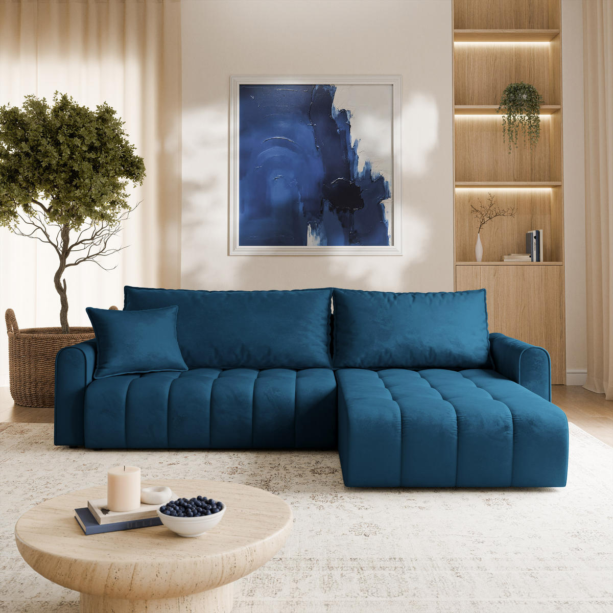 ECKSOFA FRIGA Blau Velours-Stoff mit Schlaffunktion - Blau, Holz (283/185cm) - MASSENO
