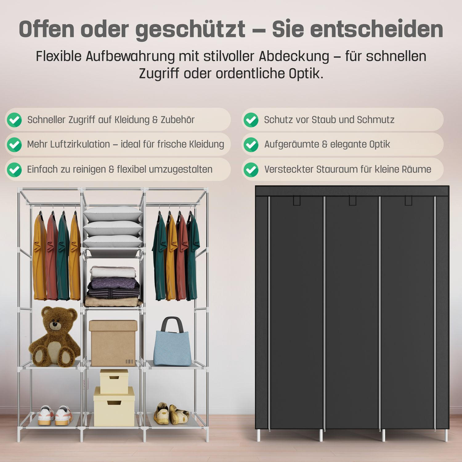 STOFFSCHRANK Kleiderschrank, 2 Kleiderstangen, 130/45/175 cm, Farbe: Grau - Grau, Textil (45/175/130cm) - Coemo