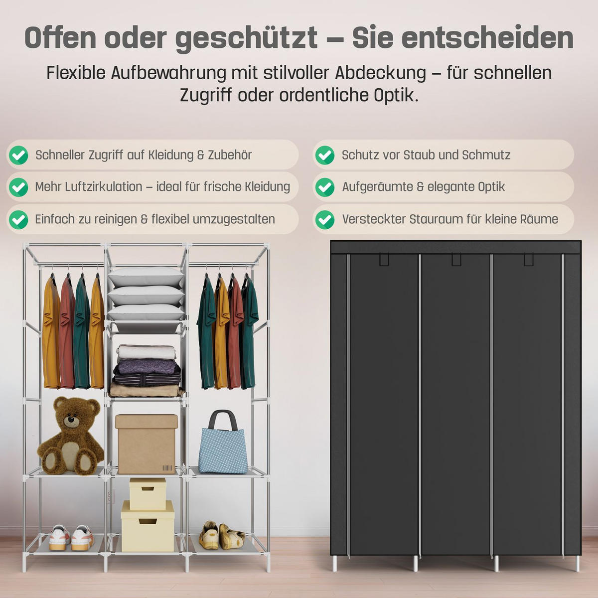 STOFFSCHRANK Kleiderschrank, 2 Kleiderstangen, 130/45/175 cm, Farbe: Grau - Grau, Textil (45/175/130cm) - Coemo