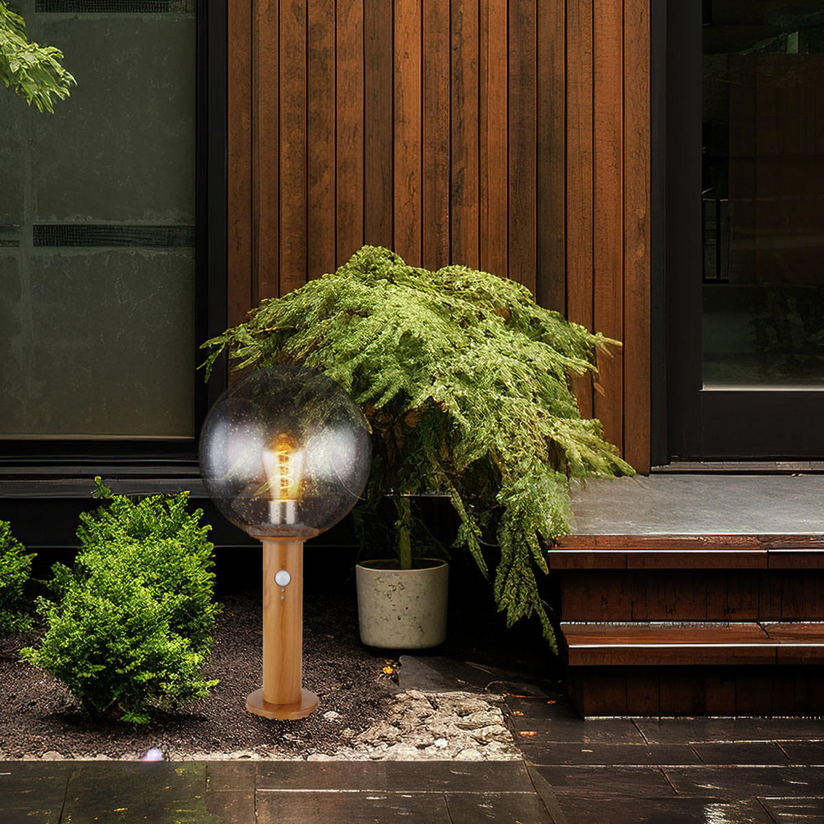 LED AUSSENLEUCHTE OSSY Holzoptik Braun - Braun, Glas (25/25/50cm) - Globo Lighting