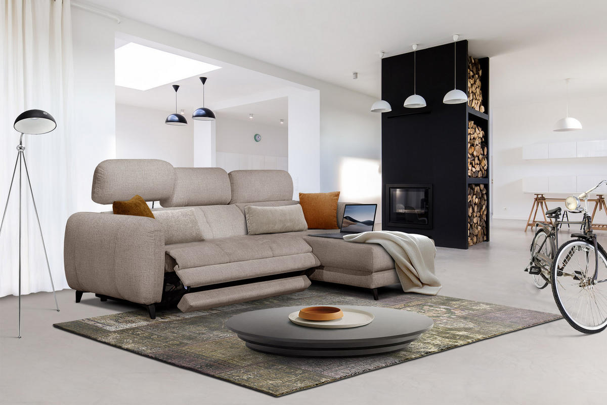 ECKSOFA SVEN 3-Sitzer, 1 Relax XL, verstellbare Kopfstützen, beige - Beige/Schwarz, Holzwerkstoff/Textil (256/163cm) - Courtois Laville