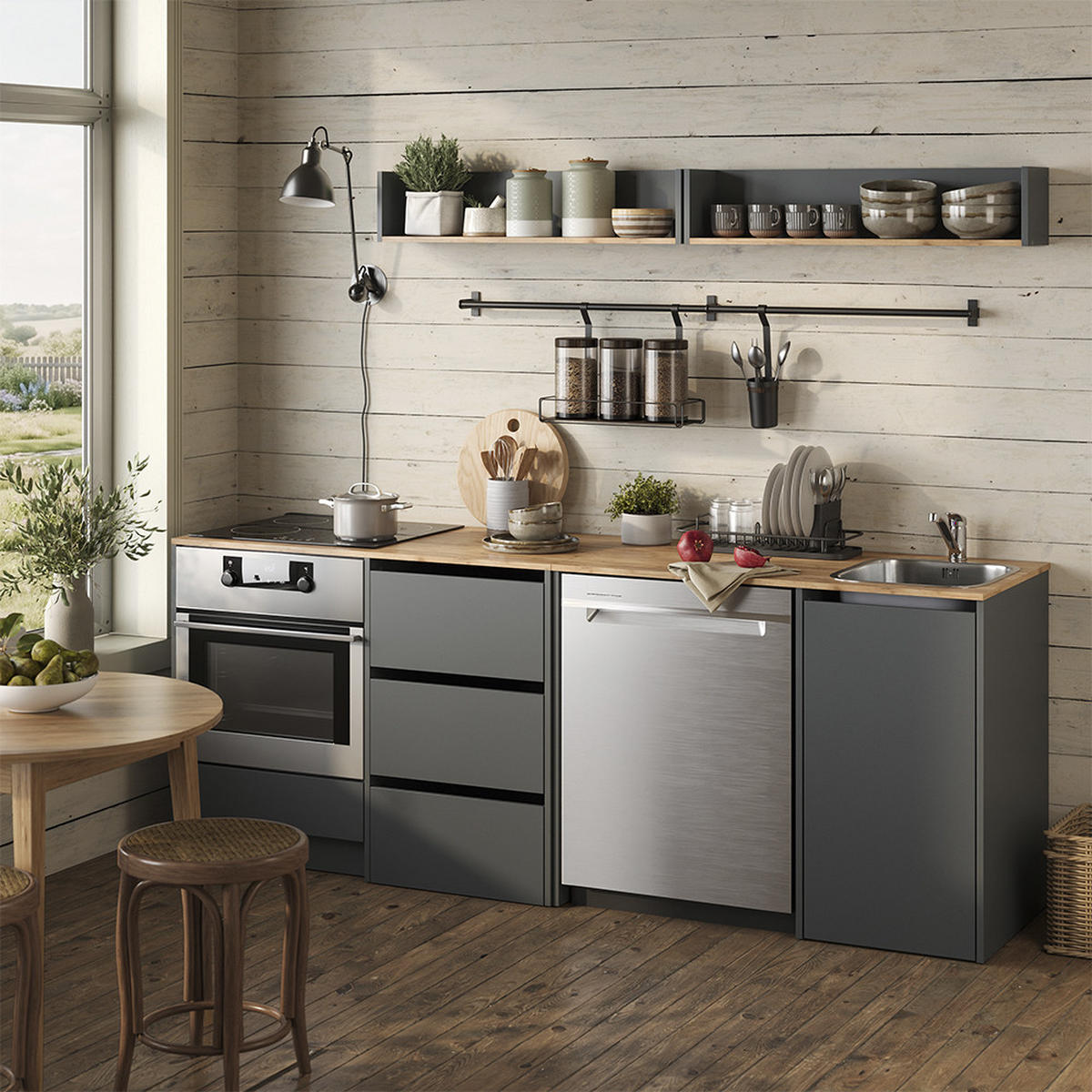 MINIKÜCHE Viktor, Anthrazit/Goldkraft Eiche, mit Spüle & Armatur - Honigeiche/Anthrazit, Holzwerkstoff (230.4/88.2/60.3cm) - Vicco