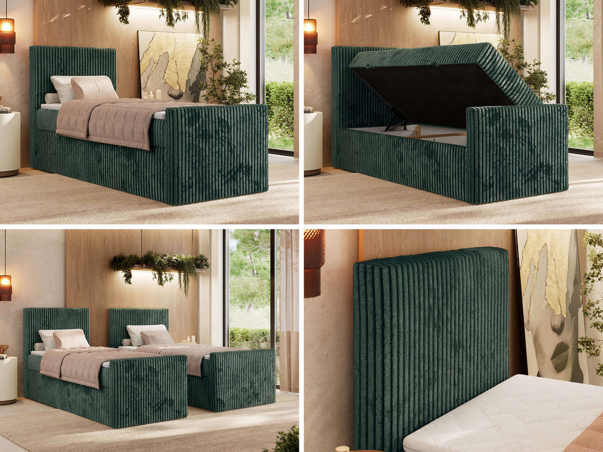 BOXBETT TILIANO DUO 90/200 - Dunkelgrün Cord - H4 - Topper T25 - Links Seite - Dunkelgrün, Textil (90/200cm) - MKS