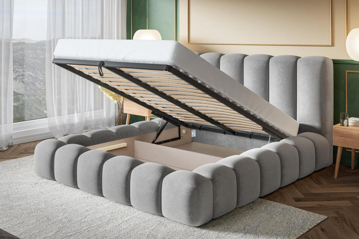 BETT 140x200 - Polsterbett mit Bettkasten und Metallrahmen - Modern Bett - Eleganter Catch Me-Stoff - Kollektion Nora Maxi - Weiß - Weiß, Holz/Textil (140/200cm) - Alpi-Möbel