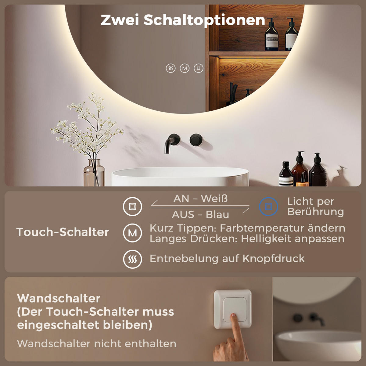 BADSPIEGEL MIT BELEUCHTUNG 60 cm Rund mit dimmbarer LED-Beleuchtung und Antibeschlag - Transparent, Glas (60/60/3.5cm) - S'AFIELINA