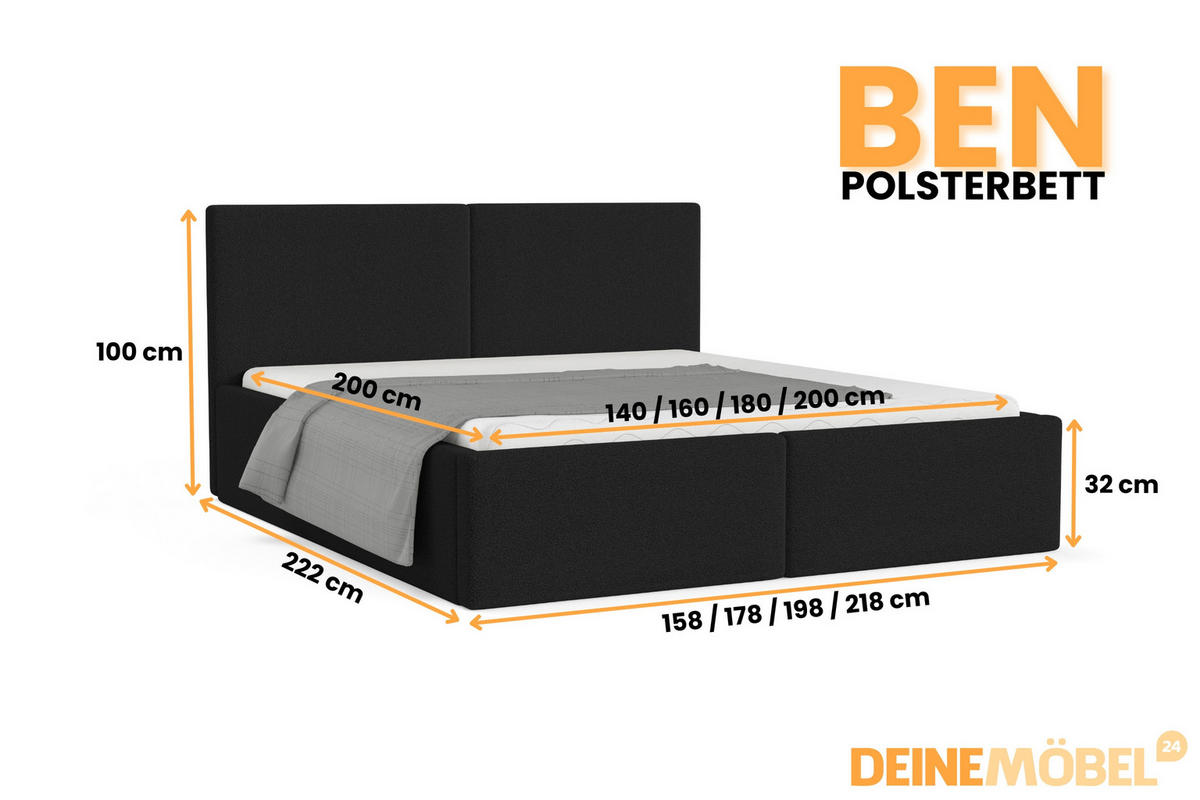 POLSTERBETT BEN 180/200 in Boucle Schwarz - Schwarz, Holz/Holzwerkstoff (180/200cm) - Deine Möbel 24