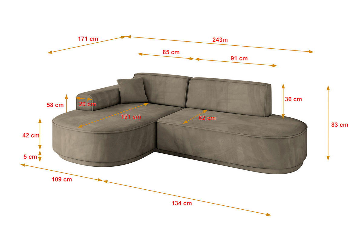 ECKSOFA Ottomane Links MARI-L1-v3 - 243x171x83 cm Dunkelbraun Velours - Dunkelbraun/Schwarz, Holzwerkstoff/Kunststoff (243/171cm) - ALTDECOR