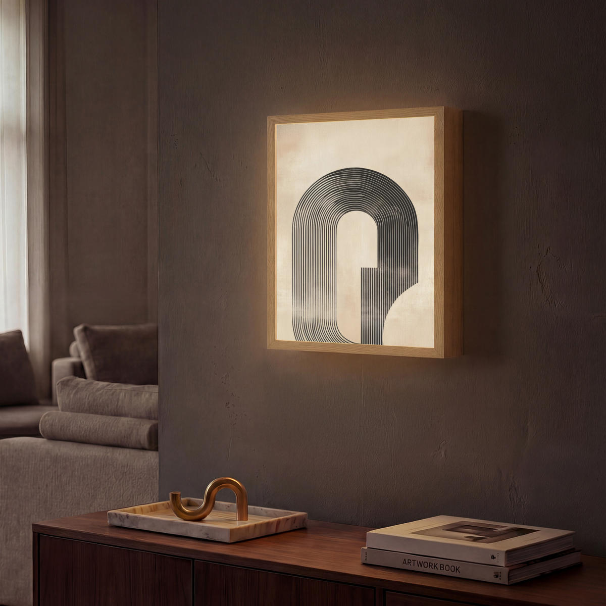 NÁSTĚNNÁ LAMPA S AKUMULÁTOREM Luk - Pruhy - Minimalistický - Černý 30x40 cm - béžová, kompozitní dřevo (30/40/8cm) - OnlyWow