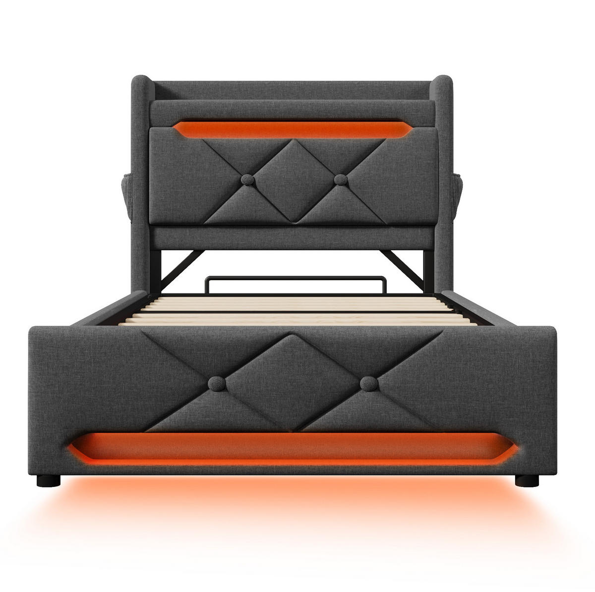 POLSTERBETT 90/200 cm Grau aus Leinen mit LED und Stauraum - Grau, Textil (90/200cm) - OKMYHOME