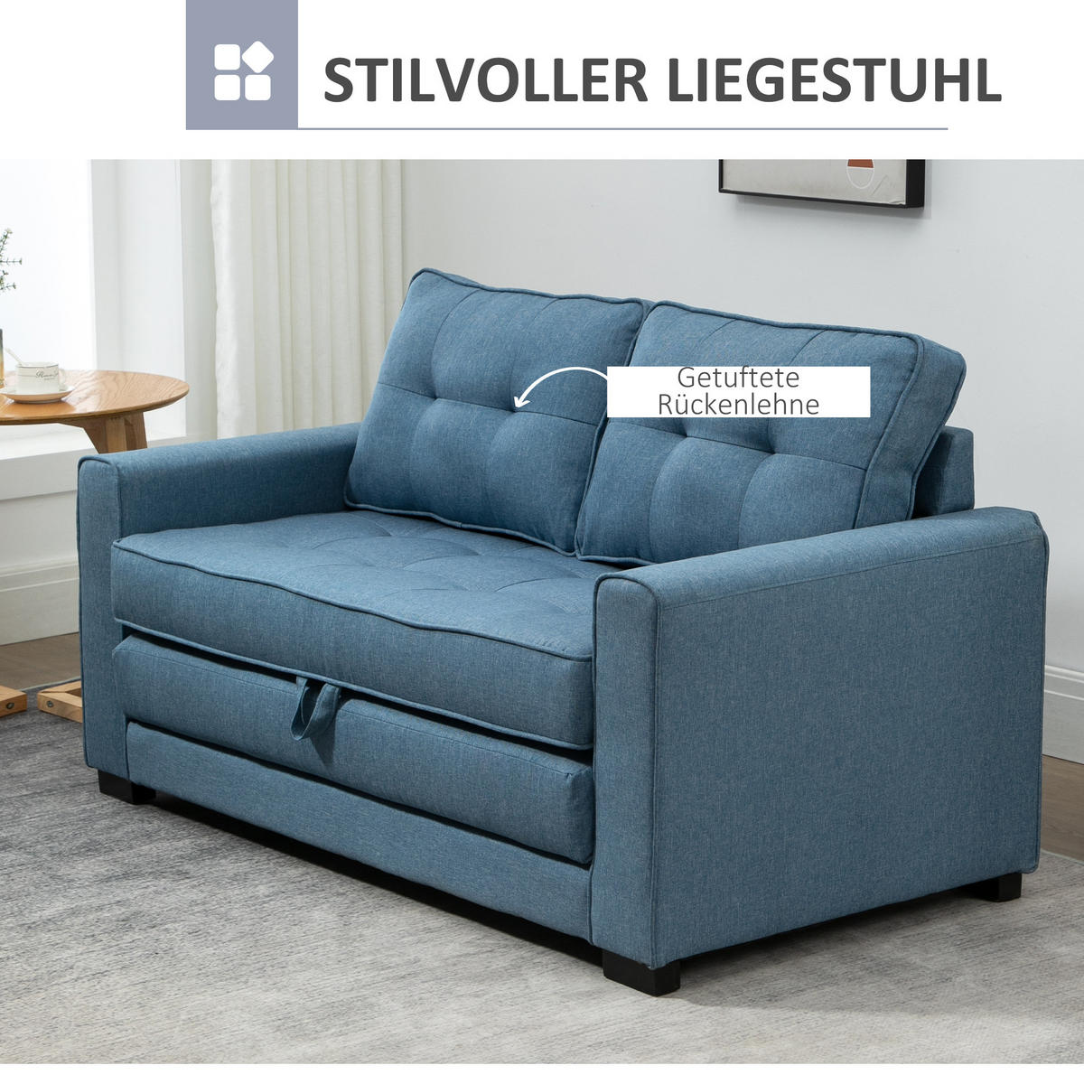 SCHLAFSOFA Klappsofa 2-Sitzer Sofa mit Schlaffunktion Leinen-Touch Holz Blau - Blau/Schwarz, Holz/Textil (75/85/147.5cm) - HOMCOM