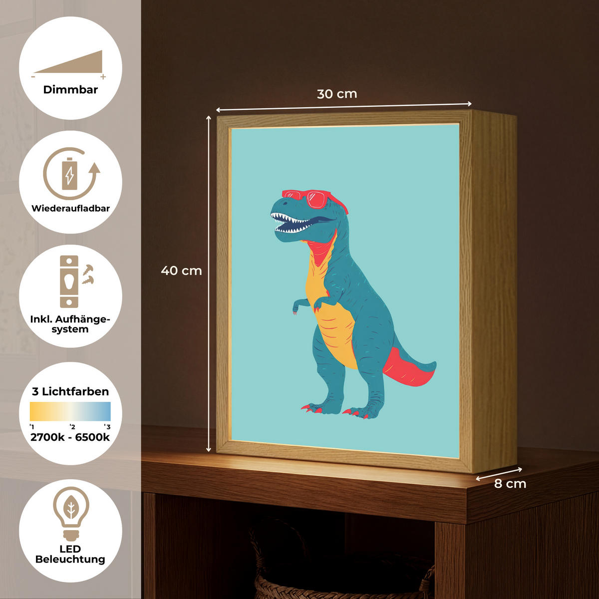 NACHTTISCHLAMPE MIT AKKU Dinosaurier - Blau - Sonnenbrille 30x40 cm - Hellblau, Holzwerkstoff (8/30/40cm) - OnlyWow
