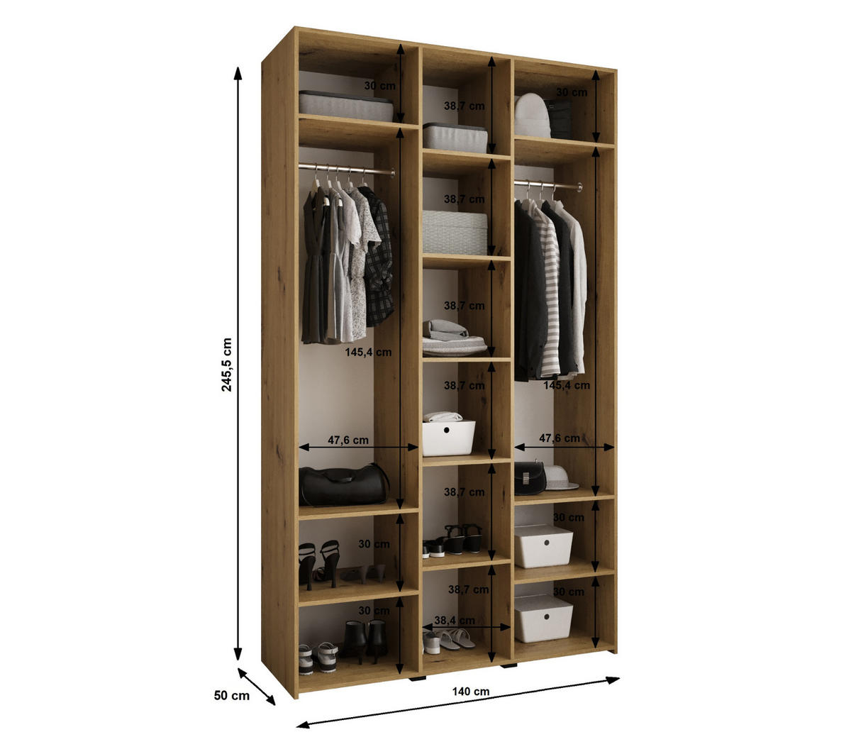 DREHTÜRENSCHRANK 245,5/140/50 3-türig - Schwarz/Weiß, Holz/Metall (140/245.5/50cm) - Abiks Möbel