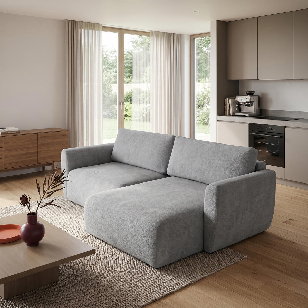 ECKSOFA BELLA L Rechts mit Schlaffunktion 140x205 Velours Grau - Schwarz/Grau, Holz/Kunststoff (165/230cm) - Muffo