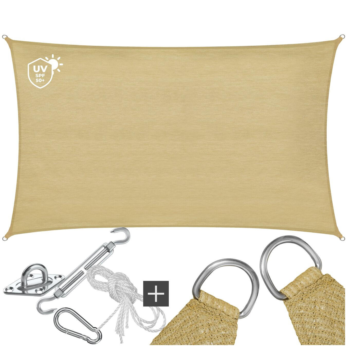 SONNENSEGEL Sunny,umfangreiches Montagematerial,Sand - Sandfarben, Kunststoff (500/300cm) - tectake