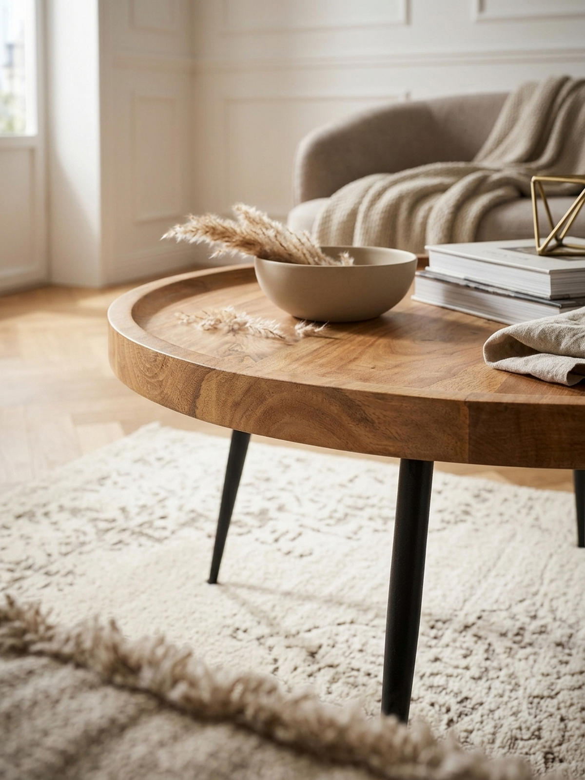 COUCHTISCH Industrial-Stil Rund, Holzplatte und Metallbeine, Handgefertigt, Pflegeleicht - Schwarz/Braun, Holz/Metall (75/75/39cm) - KADIMA DESIGN