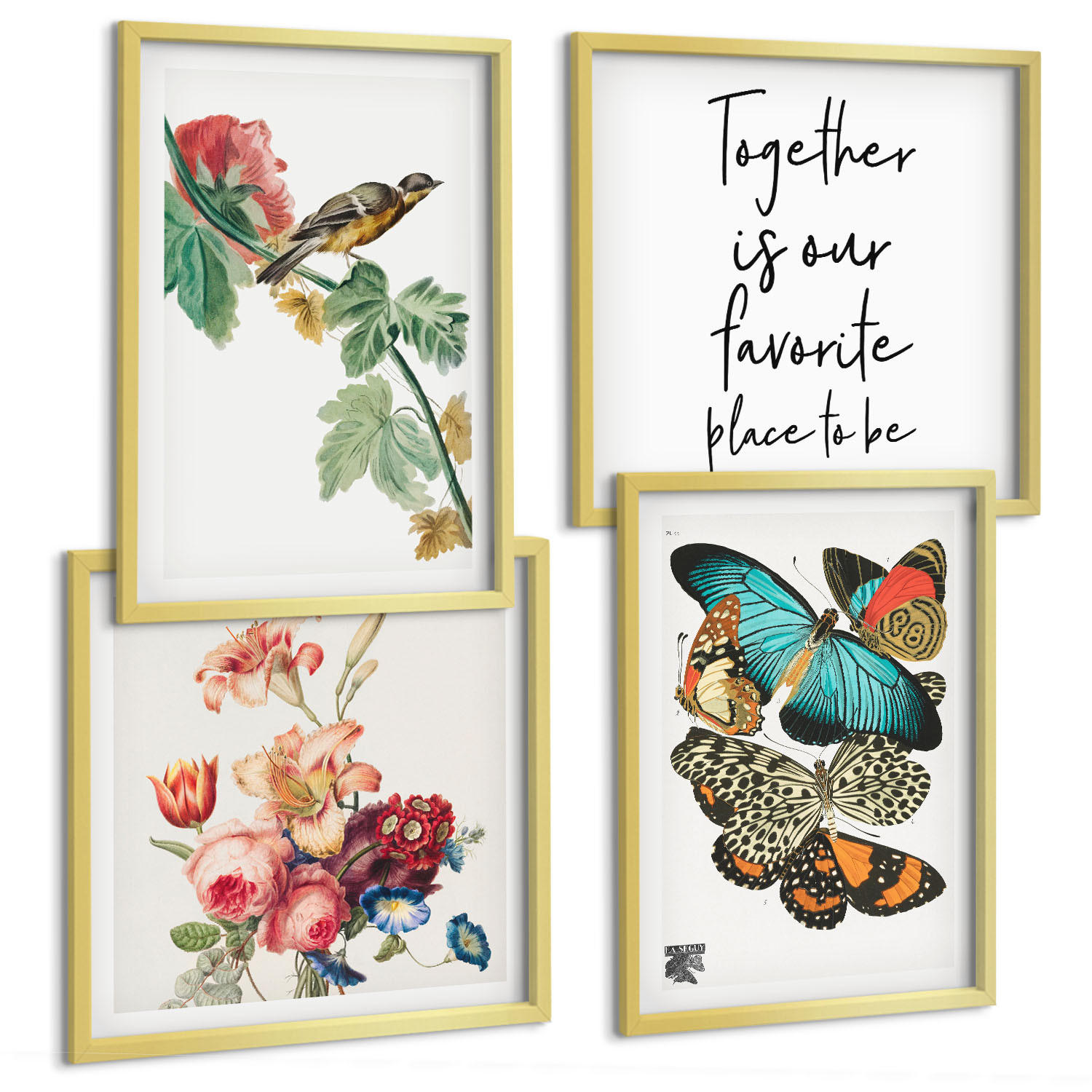 BILDER SET 4er Set - 50x50 cm & 40x60 cm Goldrahmen - Blumen, Schmetterlinge, Vögel, Pastellfarben - Goldfarben, Kunststoff (50/50cm) - TULUP