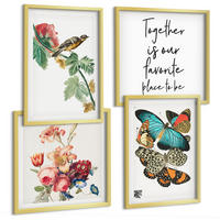 BILDER SET 4er Set - 50x50 cm & 40x60 cm Goldrahmen - Blumen, Schmetterlinge, Vögel, Pastellfarben - Goldfarben, Kunststoff (50/50cm) - TULUP