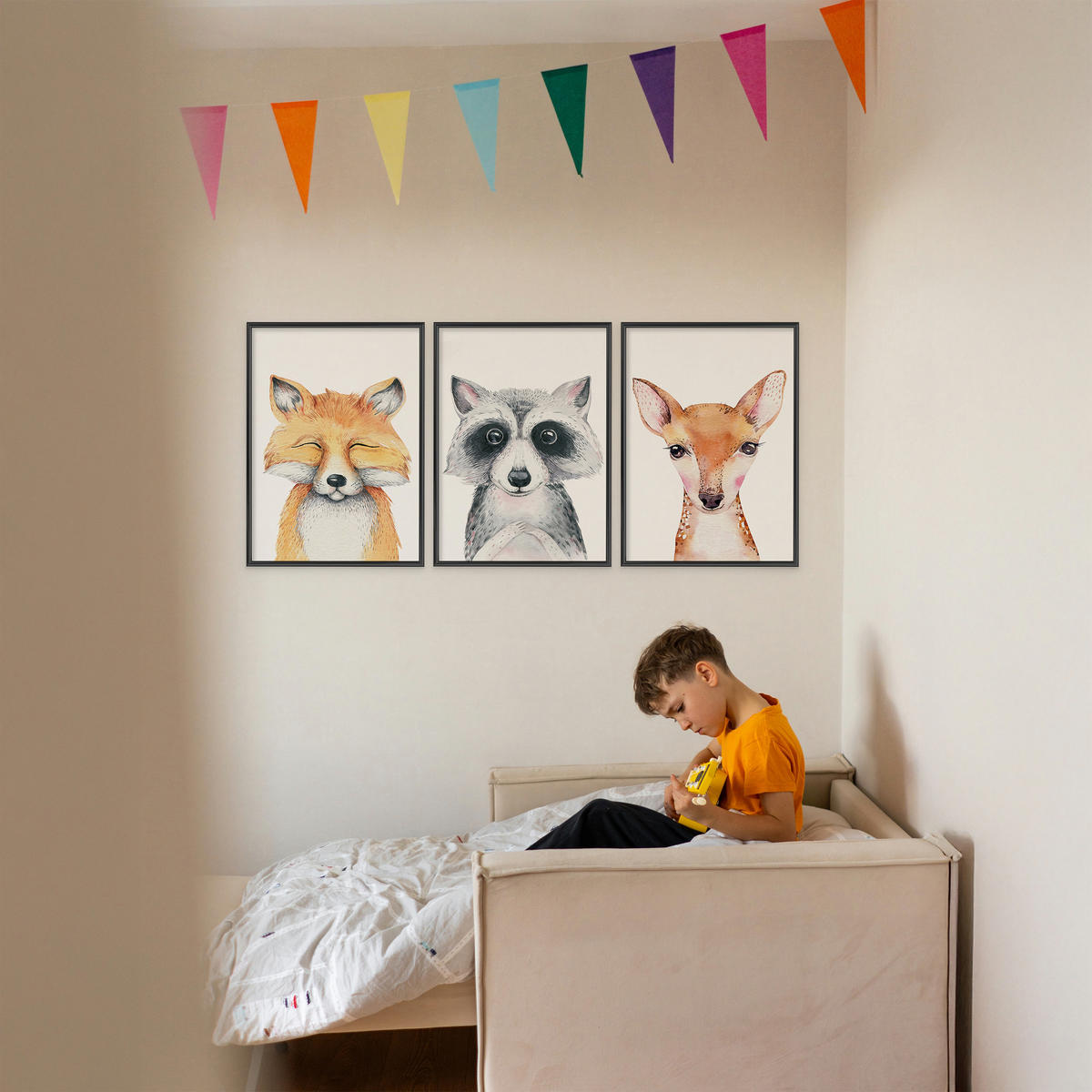 POSTER SET ohne Rahmen für Kinderzimmer WALDTIERE Fuchs Waschbär Reh A4 21x30cm - Beige/Orange, Papier (21/30/1cm) - Muralo