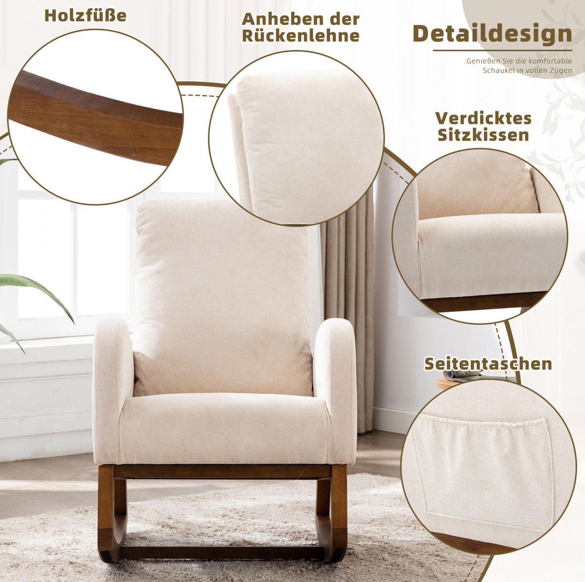 SCHAUKELSTUHL Leinen mit hoher Rückenlehne, Seitentasche 69/94/101 cm Beige bis 150 kg - Beige, Textil (94/101/69cm) - Redom