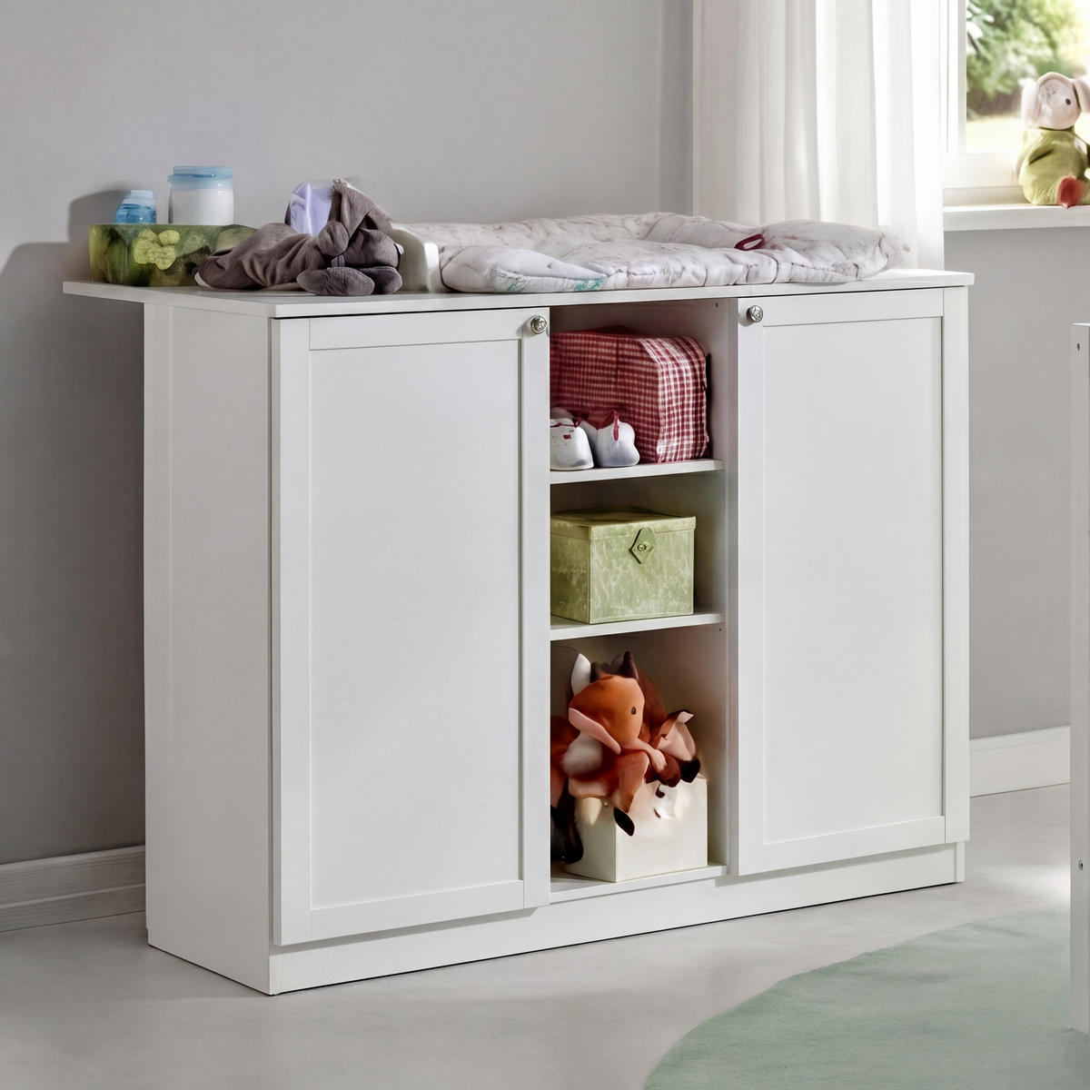 BABYZIMMER-SET 3-tlg.: Babybett & Wickelkommode & Kleiderschrank 2-türig B90/H197/T58 cm, Soft-Close, Landhausstil Weiß / 22801 - Silberfarben/Weiß, Holzwerkstoff/Metall (76/83/146cm) - luma-home