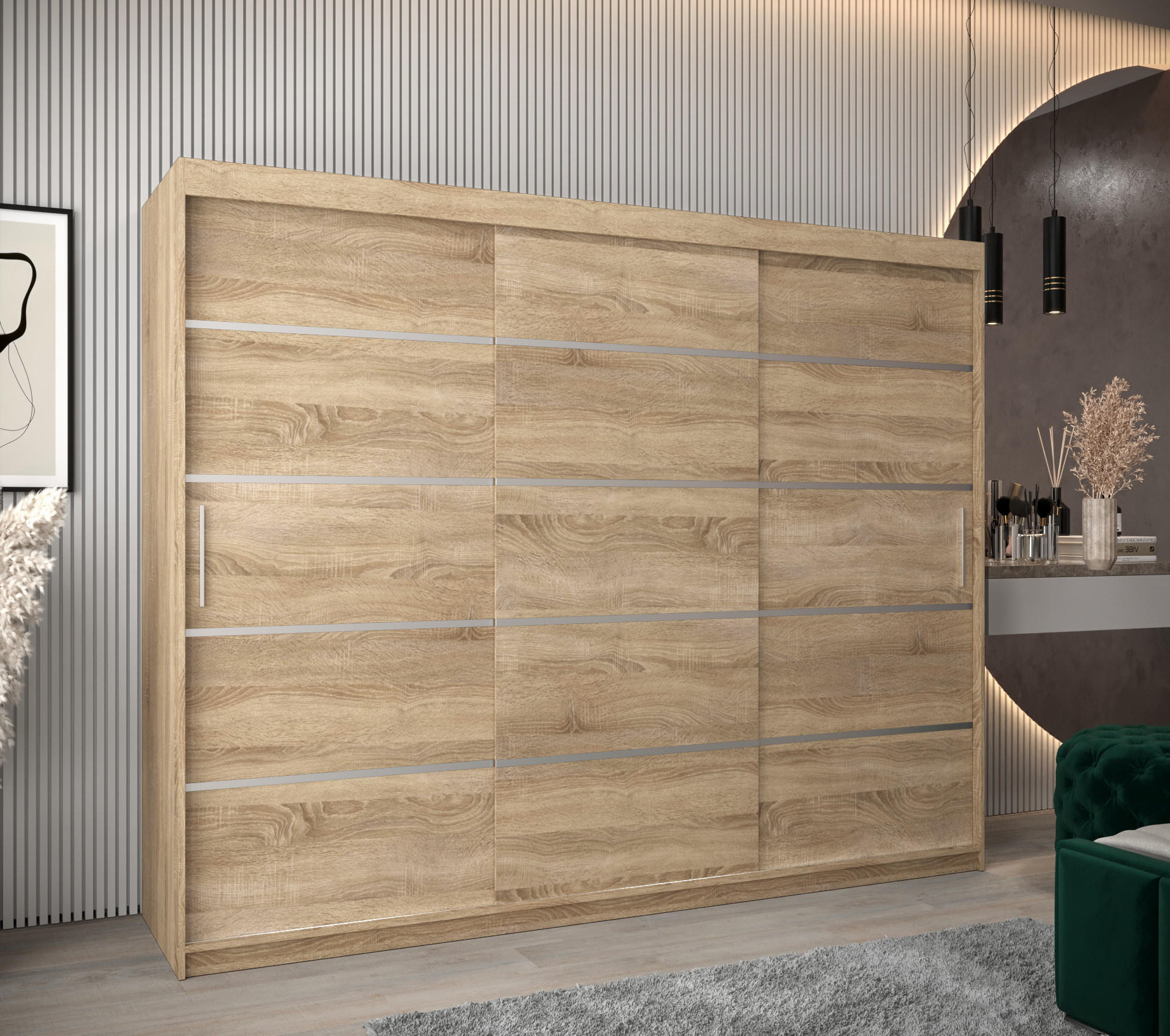 SCHWEBETÜRENSCHRANK 200/250/62 3-türig - Silberfarben/Sonoma Eiche, Holz/Kunststoff (250/200/62cm) - MÖBEL KRYSPOL