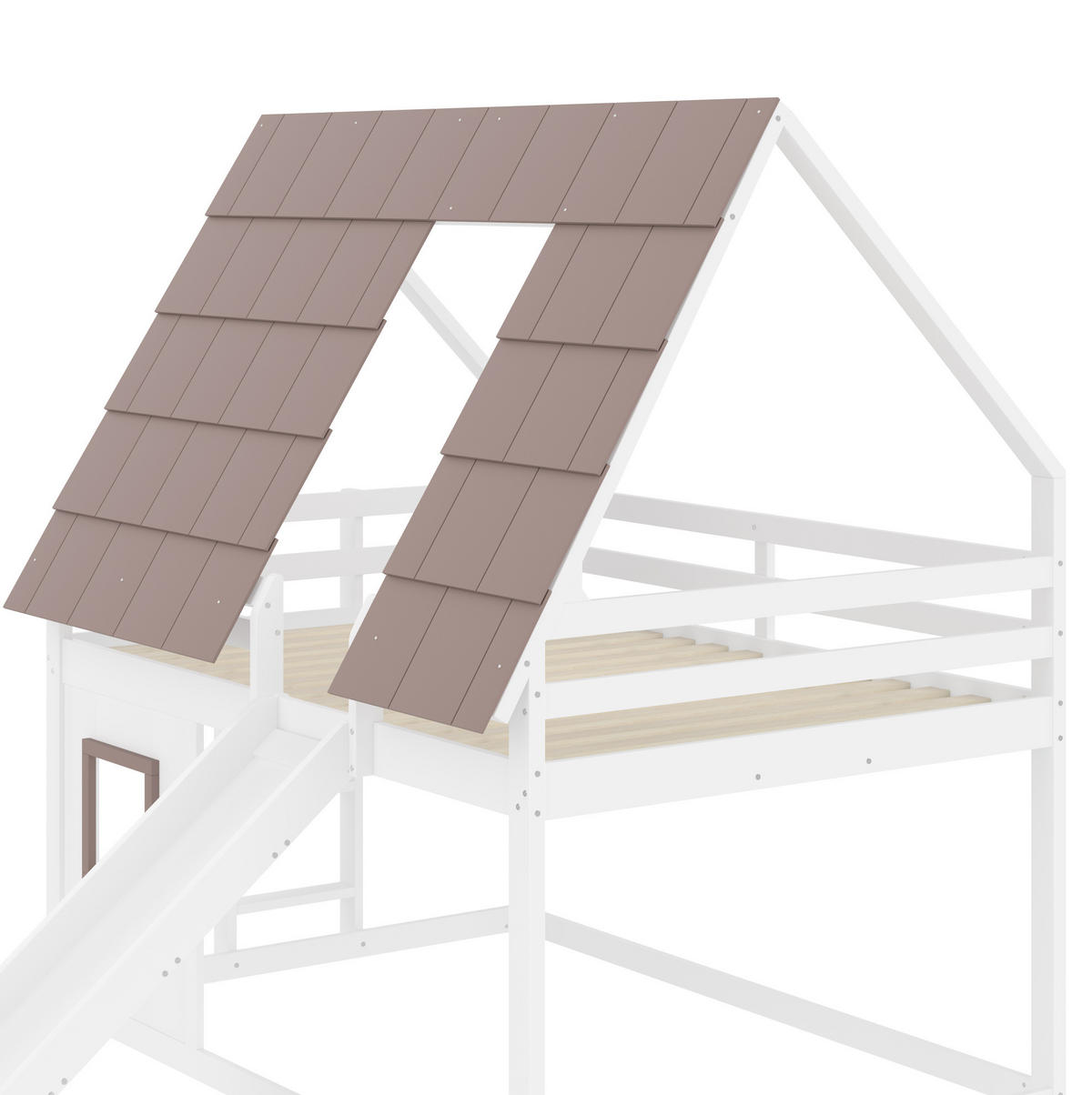 HAUSBETT 140/200 cm mit Dach und Rutsche in Weiß/Braun - Braun, Holzwerkstoff (140/200cm) - BEAOK