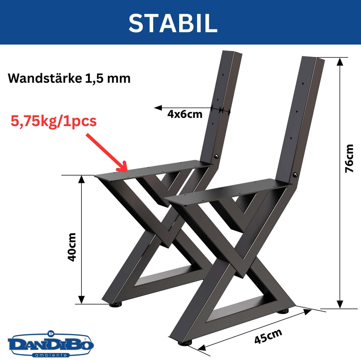 BANKGESTELL mit Lehne Metall Schwarz 45/76 cm - Schwarz, Metall (45/76/6cm) - DanDiBo