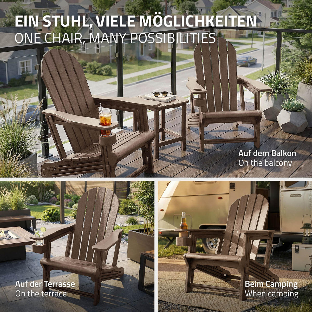 ADIRONDACK LEŽÁK s držákem na nápoje, hnědý, z plastu - hnědá, plast (54.5/91/76cm) - ML-DESIGN
