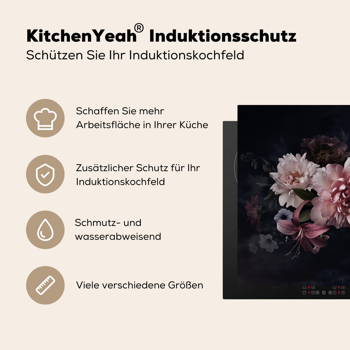 HERDABDECKPLATTE Blumen - Vintage - Pastell - Rosa - Weiß Induktionsmatte 77x59 cm - Altrosa, Kunststoff (77/59/0.2cm) - MuchoWow