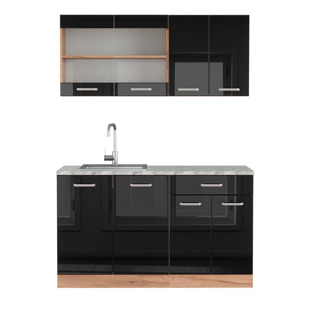SINGLEKÜCHE R-Line Schwarz Hochglanz/Goldkraft Eiche 140 cm, AP Marmor - Schwarz Hochglanz/Eiche Wotan, Holzwerkstoff (140/81.6/60cm) - Vicco