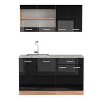 SINGLEKÜCHE R-Line Schwarz Hochglanz/Goldkraft Eiche 140 cm, AP Marmor - Honigeiche/Schwarz Hochglanz, Holzwerkstoff (140/81.6/60cm) - Vicco