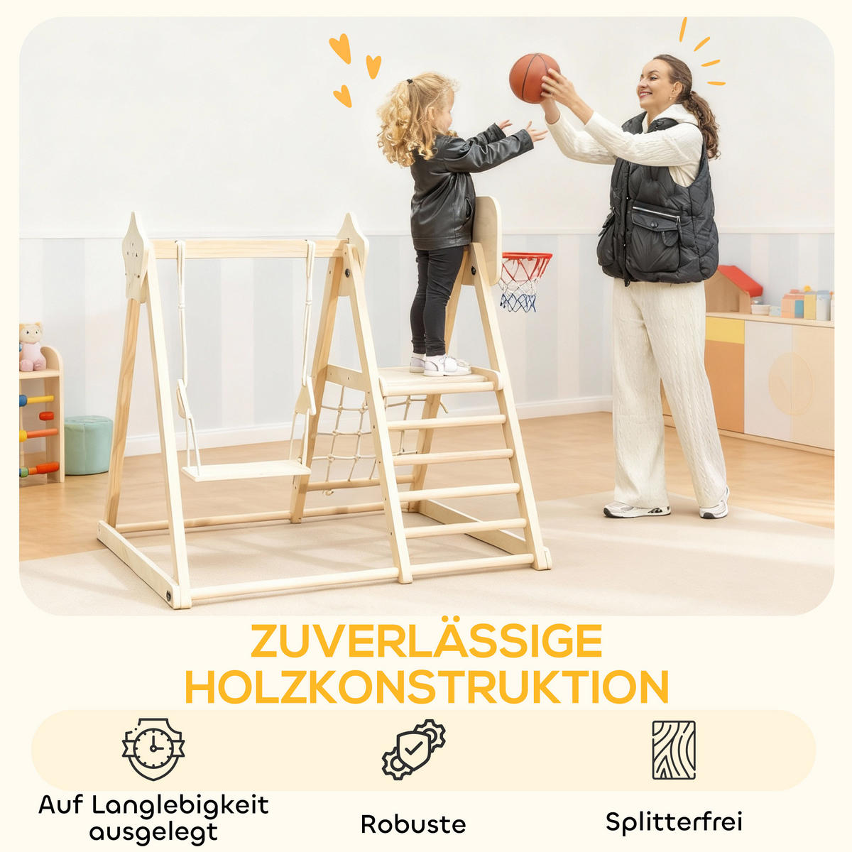 KLETTERGERÜST-MONTESSORI mit Rutsche Schaukel und Basketballkorb - Naturfarben, Holz (133/43/140cm) - AIYAPLAY