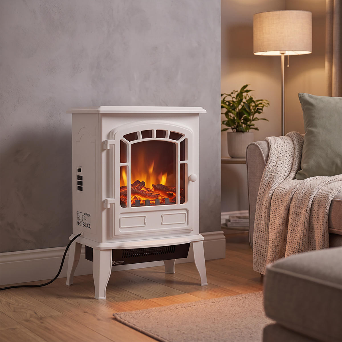 KAMIN Vit elektrisk med värmefläkt 2000 W - Vit, Glas/Plast (39/56.5/24cm) - Relaxdays