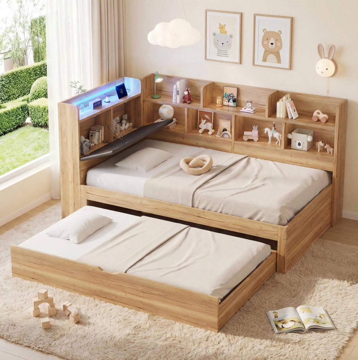 KINDERBETT 90/200 cm aus MDF mit Ausziehbett 90/190 cm, LED und USB - Naturfarben, Holzwerkstoff (90/200cm) - BEAOK
